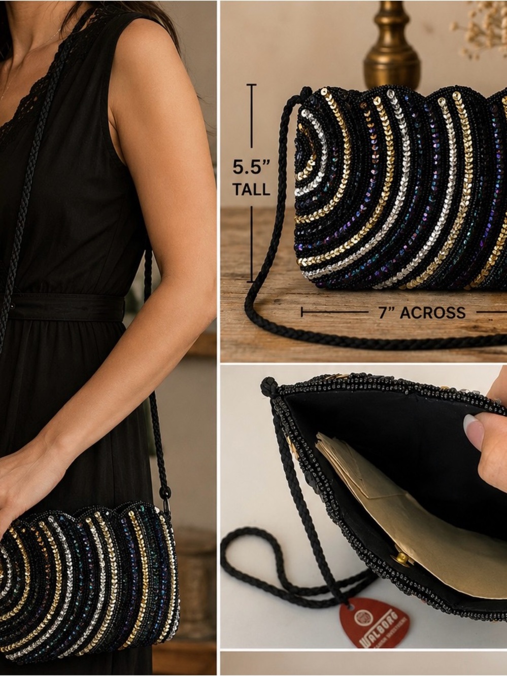 Vintage Walborg Beaded Evening Bag Crossbody Clutch NWT Black Gold